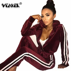 Женский спортивный костюм из двух предметов, повседневный бархатный костюм с капюшоном и брюками в полоску, Осень-зима 2018