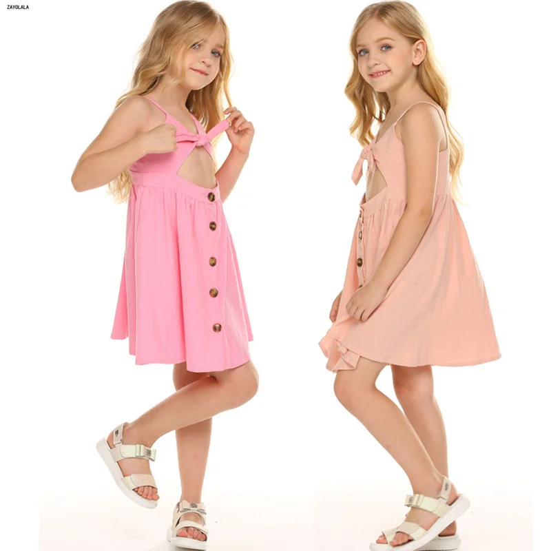 Summer Dress For Kid Girls Sleeveless A-line Princess Casual Irregular Spaghetti Strap Bow-Knot Backless Button | Детская одежда и