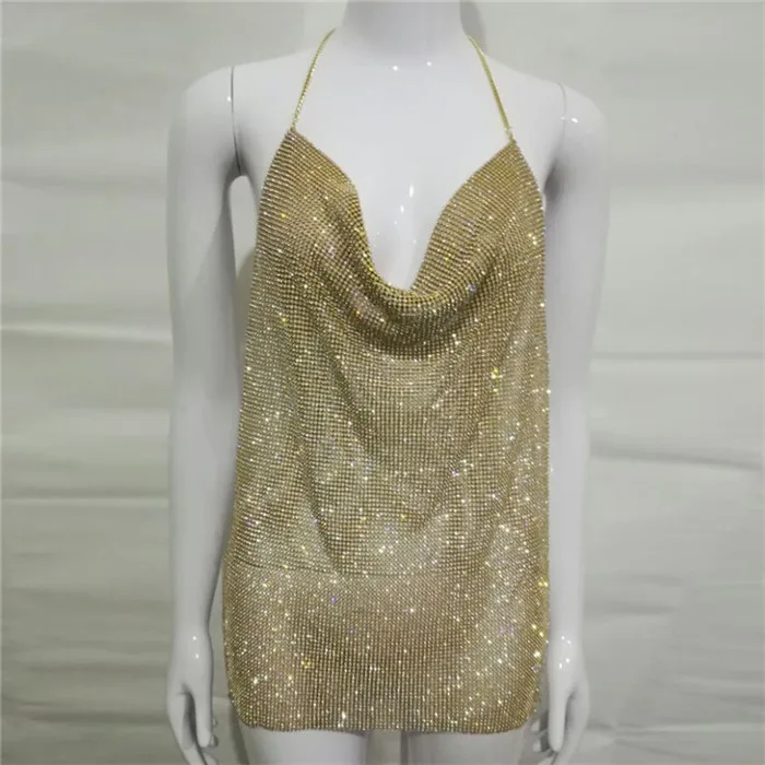 gold FestivalQueen, сексуальный топ на бретелях с открытой спиной, стразы, Женский Блестящий Летний Пляжный шикарный, вечерние, обрезанный топ с алмазными блестками - Цвет: gold