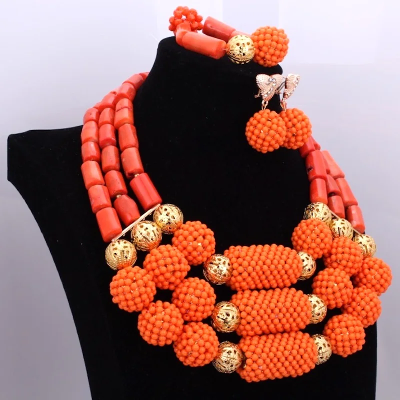 Orange Coral Beads Jewelry Sets Balls Dubai Gold sets For Women 2018 Free Shipping pieces Necklace Bracelet Earrings | Украшения и