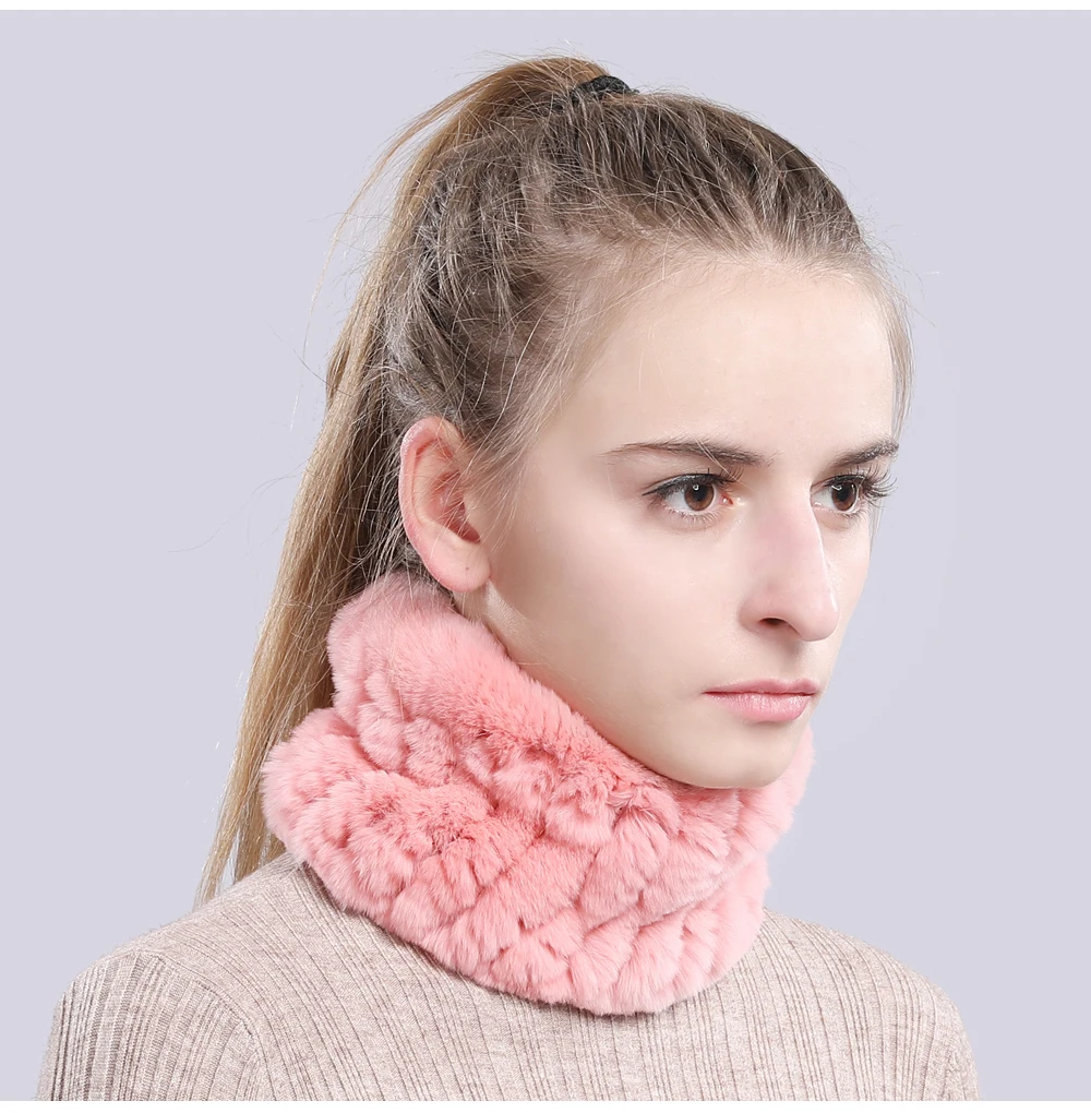 Women Real Fur Handmade Stretch Fur Scarf Knit Genuine Rex Rabbit Fur Headbands Girls Natural Fur Ring Cowl Snood Scarves Winter