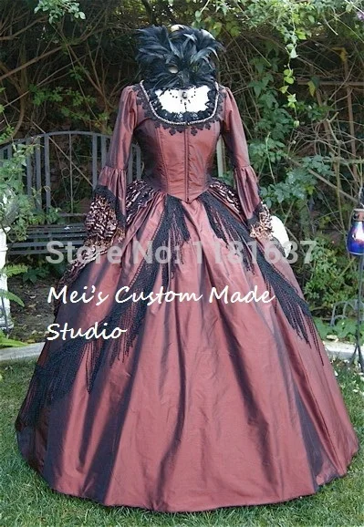 

1800 Copper and Black Gothic Victorian Marie Antoinette Steampunk Dress Event Dress with Black Lace