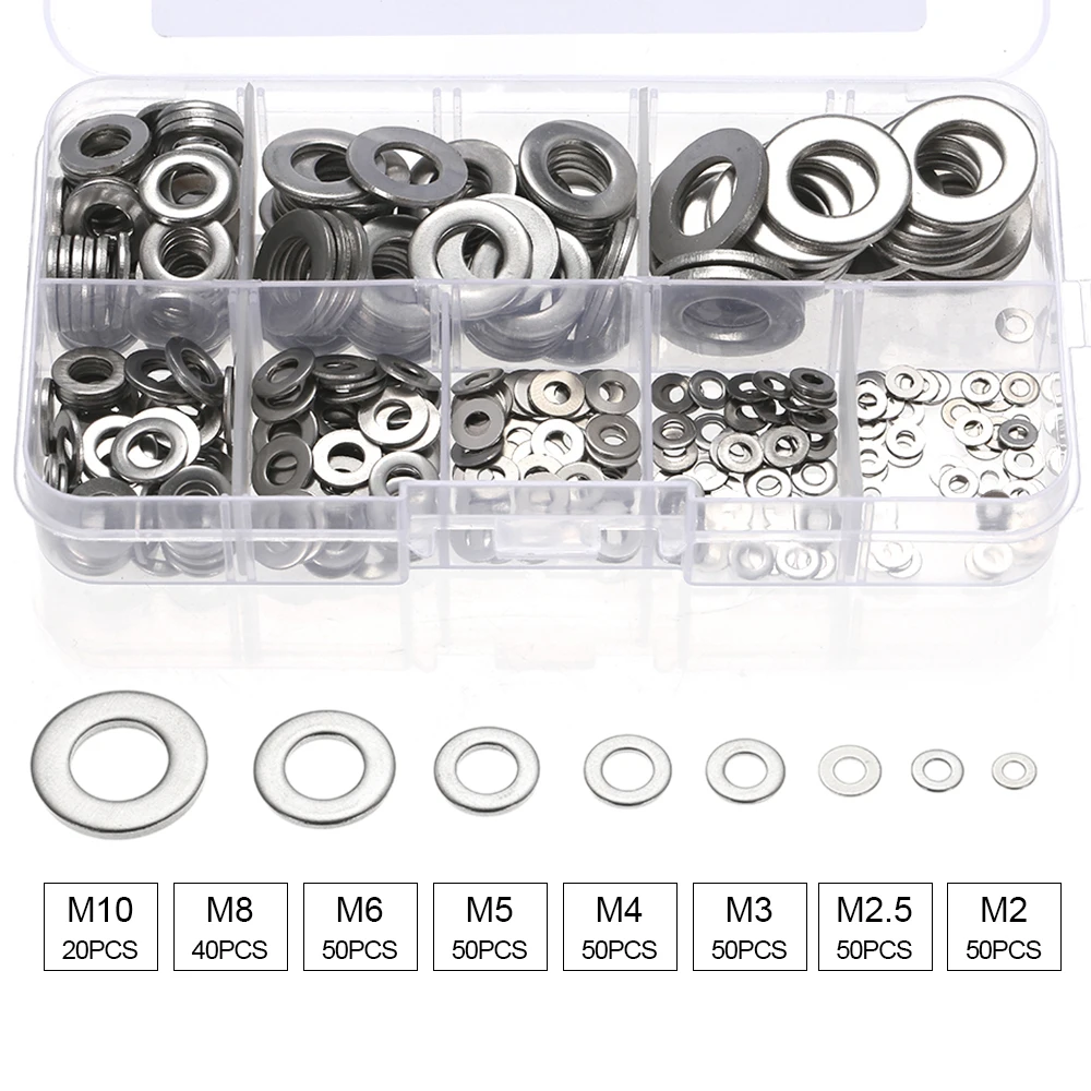 360 шт./компл. M2/M2.5/M3/M4/M5/M6/M8/M10 DIN125 Нержавеющая сталь шайба плоская прокладка набор