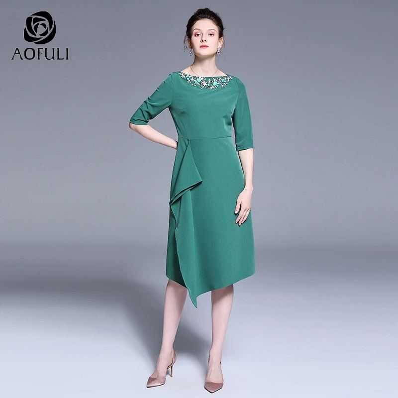 Женское Ассиметричное платье AOFULI L ~ XXXL зеленое плиссированное до середины икры с