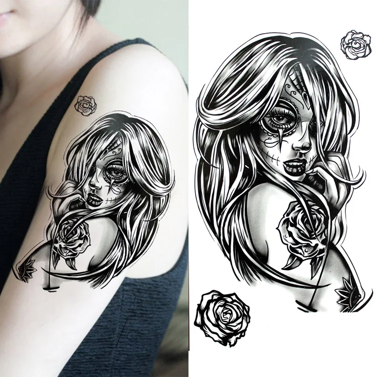 

Black flower Body Art Waterproof Temporary Sexy the head of girl tattoos rose For Woman Flash Tattoo Stickers 10*20CM KD1006