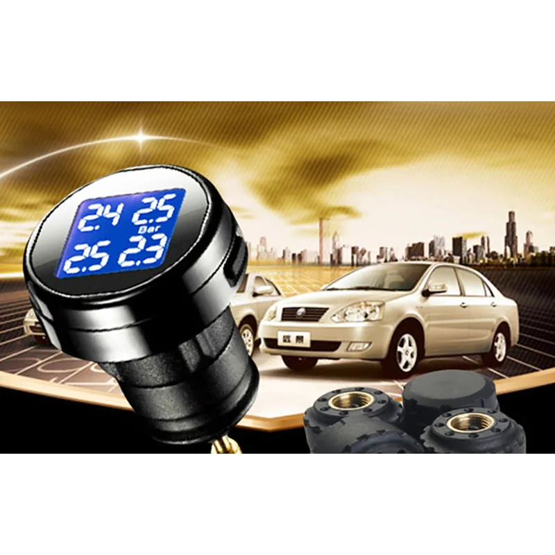 Auto TPMS Systems Car Tire Pressure Monitoring System Cigarette Power Wireless External 4 Sensor PSI/BAR Blue LCD Alarmas | Автомобили и