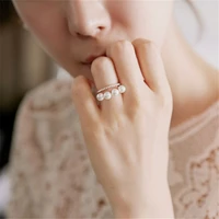 new fashion women korean double layer elegant simulated pearl beads ring adjustable shiny rhinestone wedding ring party jewelry
