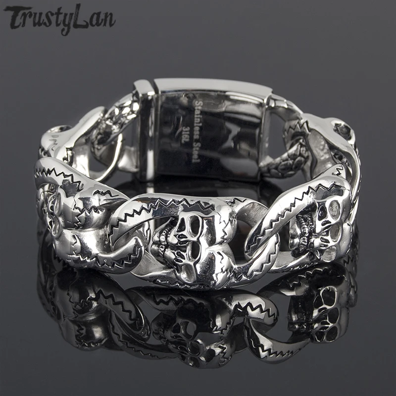 TrustyLan Новый 316L браслет из нержавеющей стали с черепом мужские панк Рок готические