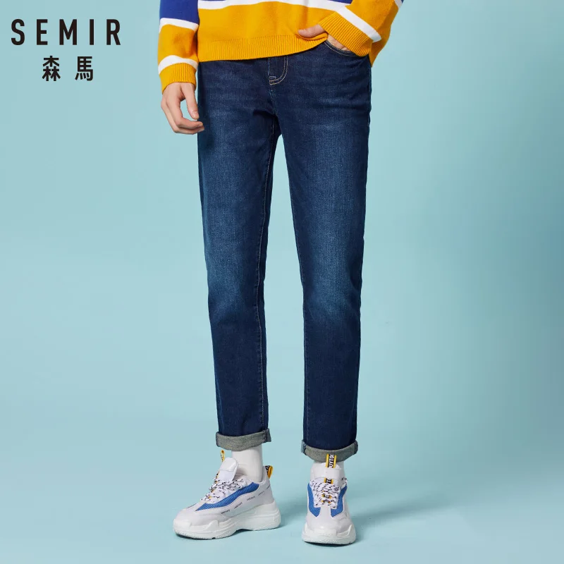 SEMIR мужские зимние синие джинсы на подкладке из стрейчевого денима теплые для