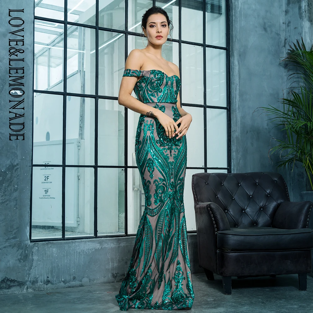 Женское длинное платье LOVE & LEMONADE зеленое облегающее с открытыми плечами и