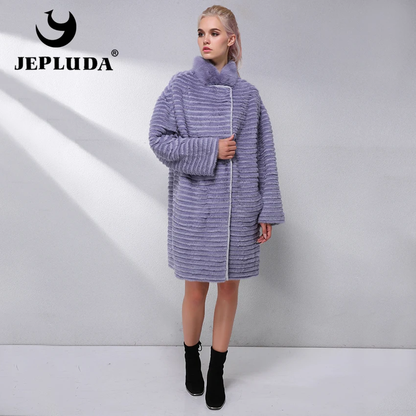 JEPLUDA Бренд Вязанная Норка Женская Шуба Натуральный Мех Мягкий Комфортабельный