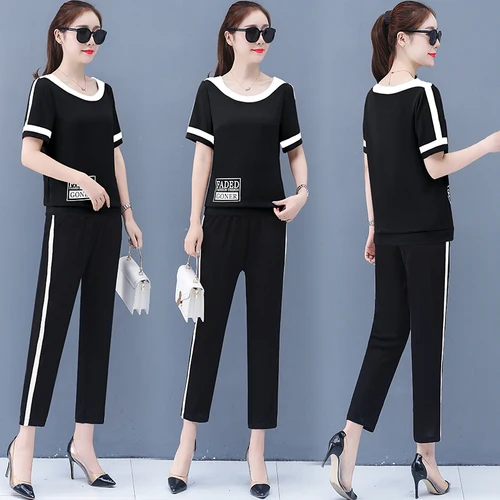 

Loose Korean High Waist 2019 Two Piece Set Brief Letter Striped Women's Sports Suits Patchwork Plus Size 2 Pcs Set