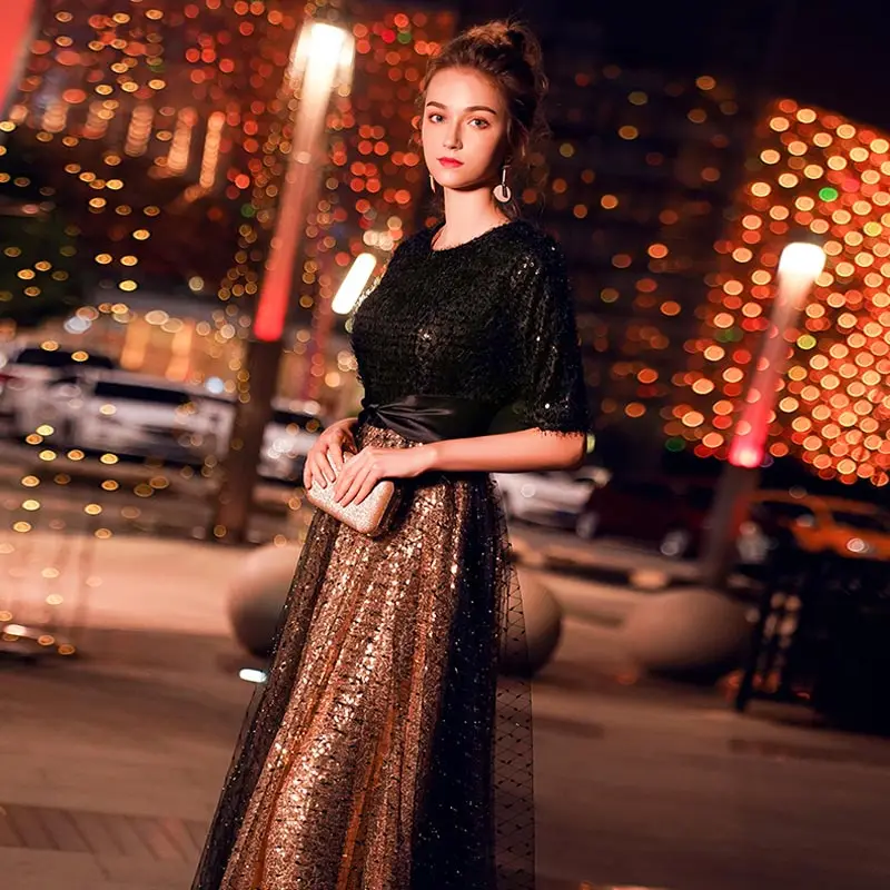 Новое поступление, вечерние платья на выпускной, vestido de noiva sereia, вечернее платье, Золотое тонкое маленькое Тюлевое платье с блестками, черный топ, половина