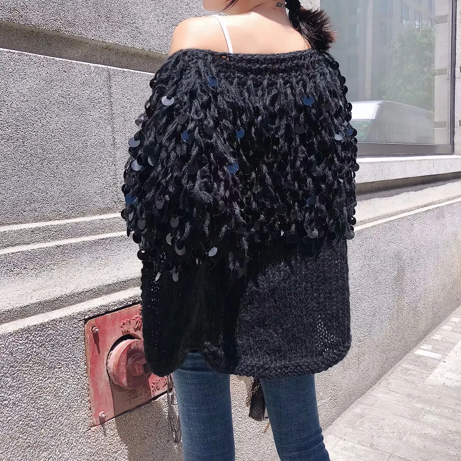 Hand Knitted Beading Cardigan Women Fringed Sweater Loose 3D Sequined Tassels Coat Hollow Wool Circles Jacket Tops |