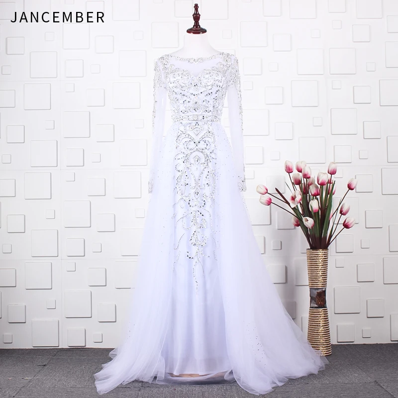 JANCEMBER синее и белое с кристаллами длинными рукавами элитное вечернее платье 2019