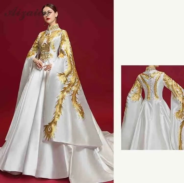 Роскошное китайское вечернее платье с вышивкой Cheongsam,, модное китайское платье с рукавами-колокольчиками и Фениксом, Ципао, современный Восточный стиль, белые платья