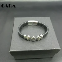 cara new top quality genuine leather braided bracelet men stainless steel leopard bracelet with magnetic buckle clasp cara0053