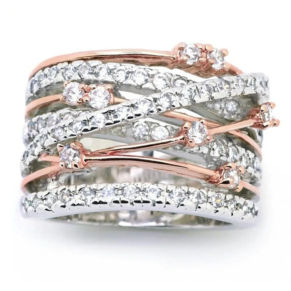 Sparkling Women's Ring Crossover Two-tone Silver/Rose Gold Color Bride Engagement Wedding Band Rings Size 6-12 Gift Wholesale |