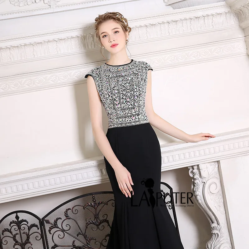 Vestidos de formatura Crystal Beads Chiffon Long Elegant 2017 Black Sexy Mermaid Prom Evening Dress robe soiree courte | Свадьбы и