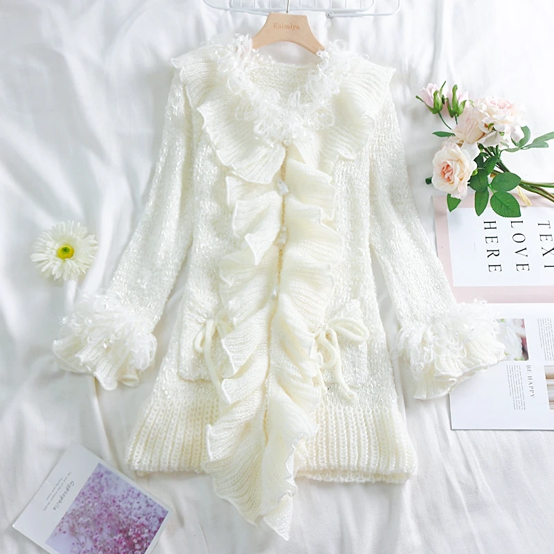 Elegant Knitted Open Sticch White Female Japan Princess Sweet Cute Ruffles Long Sleeve Cardigans Flare Women Sweater |