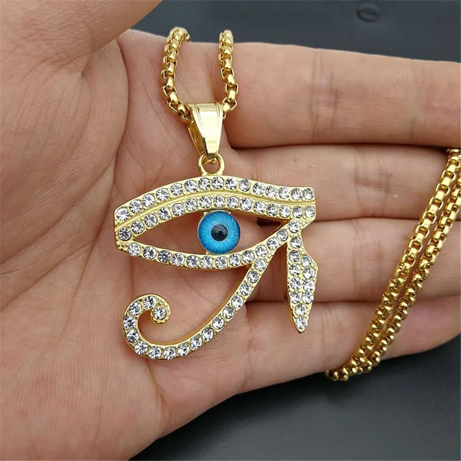 

Hip Hop Ancient Egypt Eye of Horus Pendant Necklace For Women/Men Gold Color Stainless Steel Iced Out Bling Egyptian Jewelry