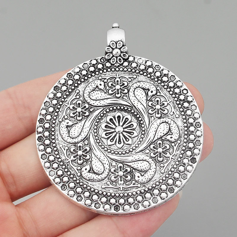 

2Pcs Tibetan Silver Boho Large Round Charm Medallion Pendant For Necklace DIY Jewelry Making Supplies
