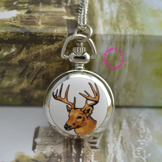 

wholesale buyer pocket watch necklace good quality nice new silver colorful deer fob watches drawing hour clock antibrittle
