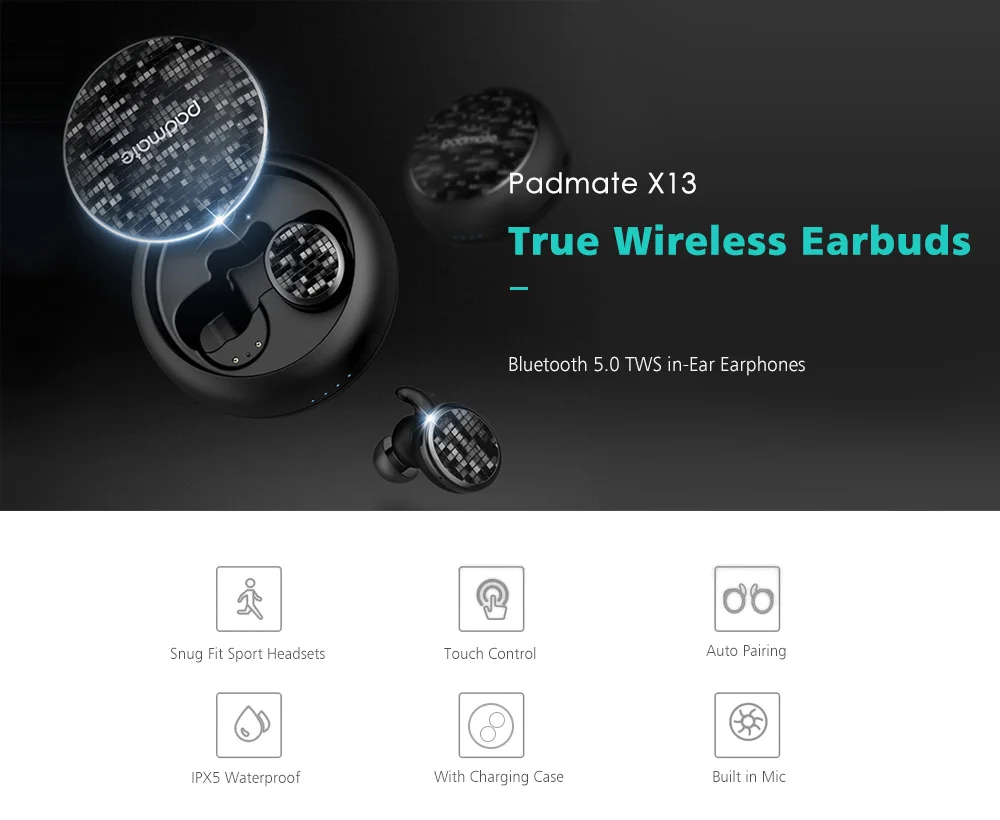 Padmate X13 настоящие Беспроводные наушники с Bluetooth 5,0 водонепроницаемые наушники-вкладыши бинауральные портативные наушники с шумоподавлением