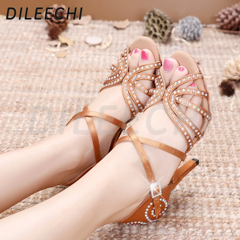 Женские атласные туфли для латиноамериканских танцев DILEECHI бронзовые красные