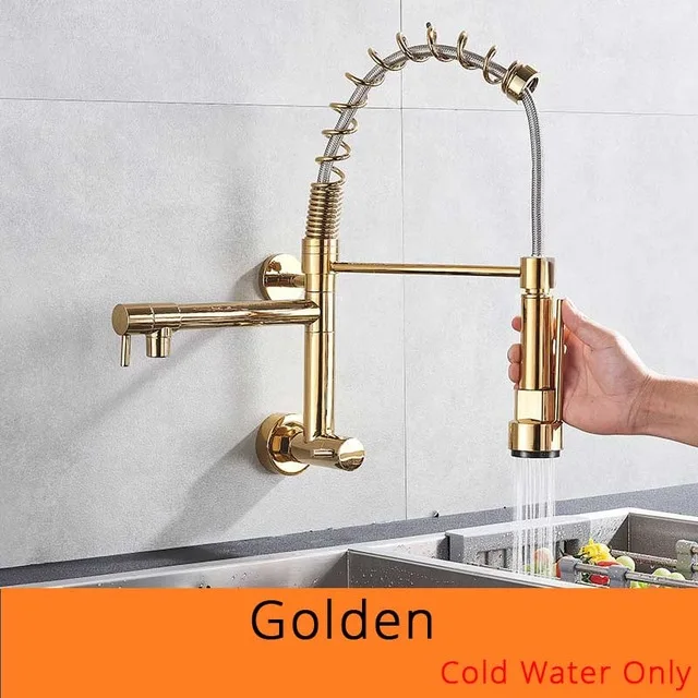 Golden Faucet Матовый пружинный выдвижной кухонный кран для холодной воды, двойные носики, ручной душ, кухонные краны, настенный кухонный моющий кран - Цвет: Golden Faucet
