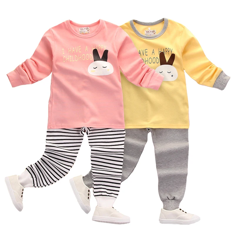 Fashionable Cartoon Cotton Children Pajamas Set for Girls Baby New Year Rabbit Letter Printed Cute Warm Sleepwear Kids 2t to 14 | Детская