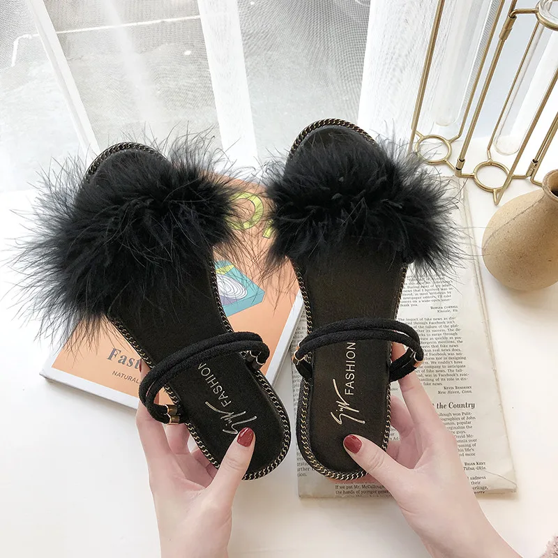 

Fashion Women High Heels Slipper Fur Decors Open Toe Suede Shoes Slipper Chic Shoes Woman