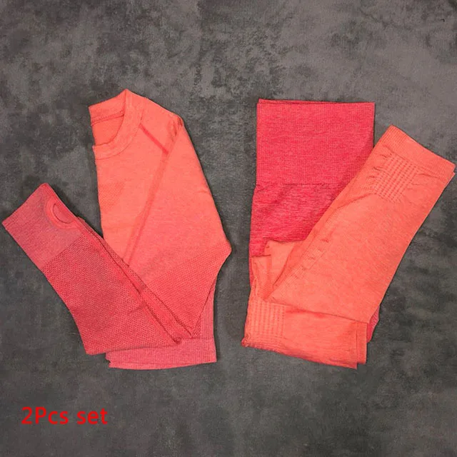 Orange 2Pcs set Бесшовный комплект для йоги; одежда для спортзала; Комплект для тренировок; спортивный костюм с длинным рукавом; укороченный топ для фитнеса; Леггинсы для йоги; Спортивный костюм; спортивная одежда для бега - Цвет: Orange 2Pcs set