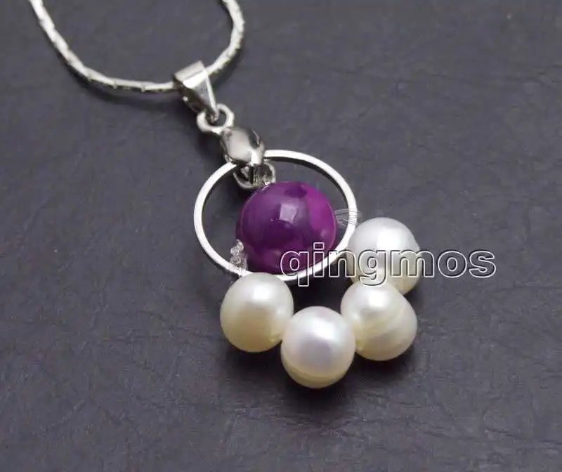 6-7mm white Natural pearl and 8mm Sugilite with 14mm metal Round Free silver plate cord 17&quot necklace-6402 | Украшения и