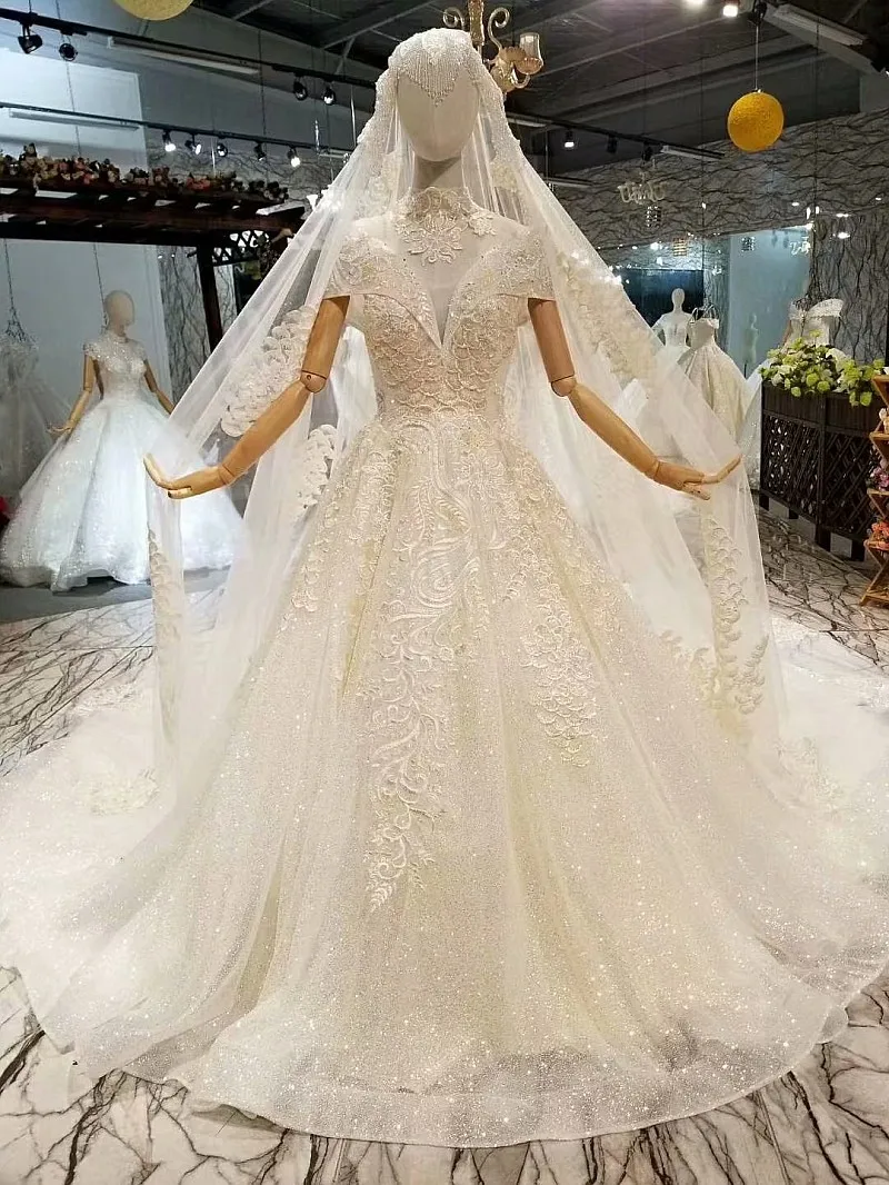 Elegant Lace Ball Gowns Wedding Dresses Vestido De Noiva Puffy Beaded Up Chapel Train Cap Shoulder Bridal Casamento | Свадьбы и