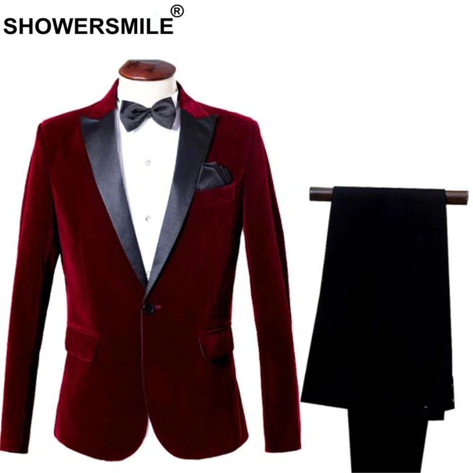 SHOWERSMILE костюм из 3 предметов, мужской пиджак, бархатный бордовый Свадебный Мужской костюм жениха, приталенный красный пиджак+ брюки+ галстук-бабочка