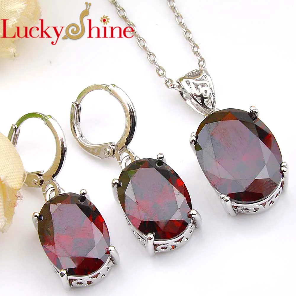 

Luckyshine Holiday Gift Oval Fire Red Garnet Crystal Cubic Zirconia 925 Silver Pendants Necklaces Drop Earrings Jewelry Sets