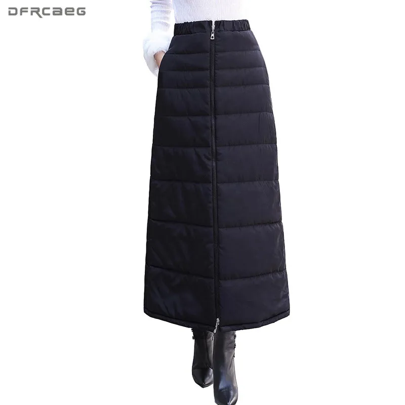 

Черная зимняя женская длинная юбка-карандаш из пуха и хлопка 2018, модная утепленная юбка с высокой талией и эластичным поясом, Женская юбка большого размера, Saia Longa
