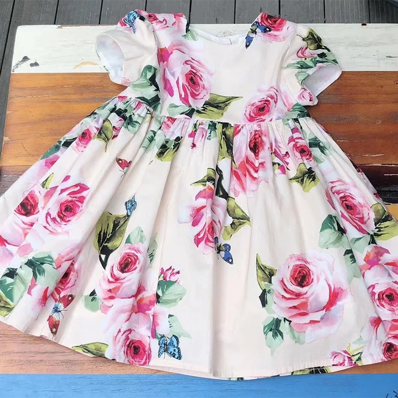 Roimyal Wholesale Summer Girls Short Sleeved Princess dress Pure Cotton Breathable Printed Flowers 2-7 Years Old free shipping | Детская