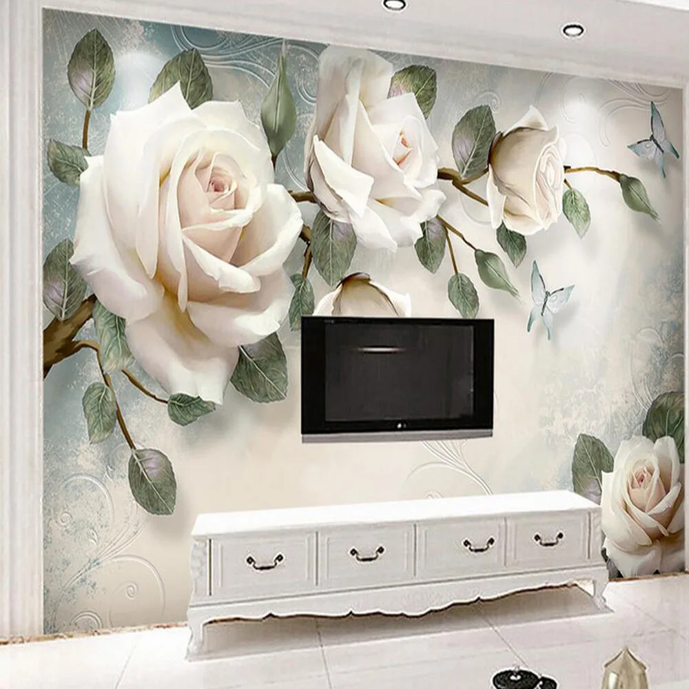 

European Wallpaper White Rose Flower Mural Photo Wallpapers Living Room Wall Paper 3D papel pintado pared rollos papel de parede