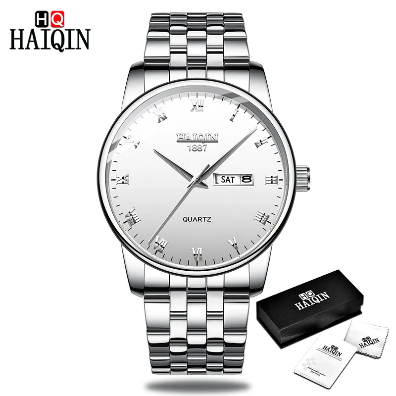 Silver White HAIQIN, мужские часы, мужские Ультра-тонкие кварцевые спортивные водонепроницаемые Роскошные часы из нержавеющей стали, мужские часы с календарем, Reloj hombres - Цвет: Silver White