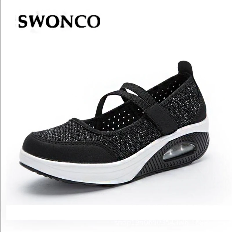 Женские кроссовки на танкетке SWONCO черные повседневные платформе лето 2019|Женские