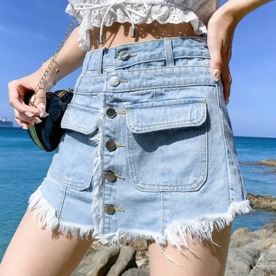 

plus size 5XL!denim shorts skirts women 2020 summer single breasted a-line high waist loose wide leg jeans shorts