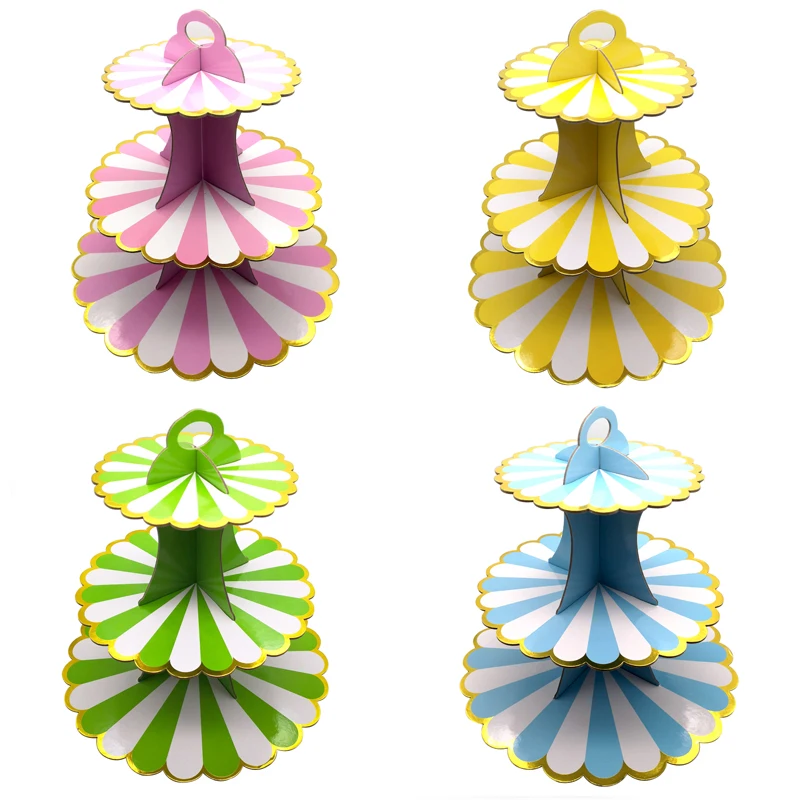

Happy Birthday Party Flower Shaped Blue/Yellow/Green/pink 3 Tier Cupcake Holder Baby Shower Wedding Paperboard Cake Stand 1Set