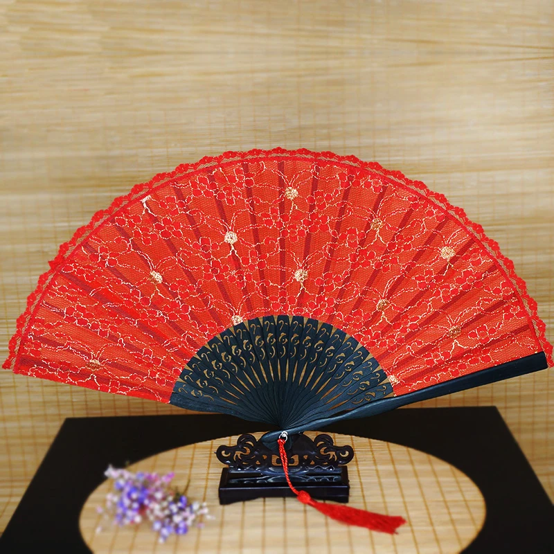 

Free Shipping 5pcs Delicate Glitter Floral Retro Lace Trim Bamboo Hand Fan Party Wedding Dancing Folding Lace Hand Fan