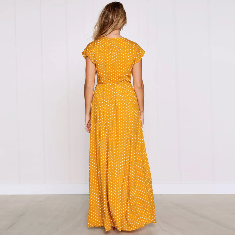 Vestidos verano 2018 Для женщин летнее платье дамы горошек Boho короткий рукав v-образным