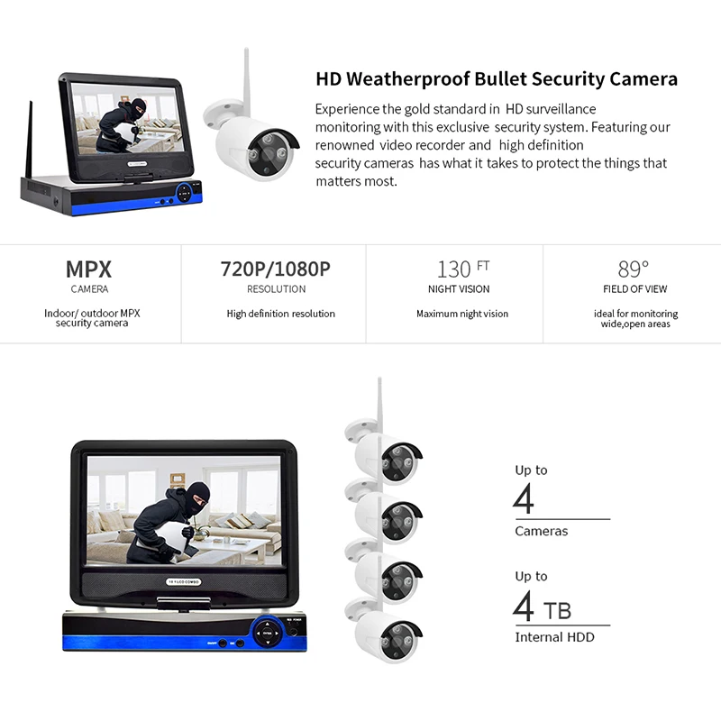 HD 720P Security System WIFI Kit CCTV IP Camera LCD Screen NVR Wireless Surveillance Video Monitor Outdoor Night Vision XMeye |