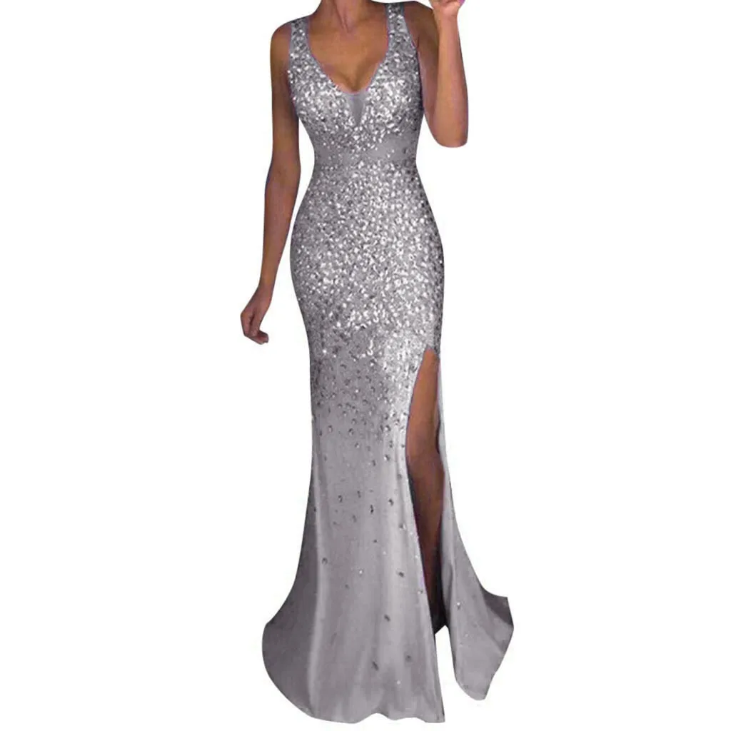 Женское вечернее платье с блестками золотистое v образным вырезом вечерние