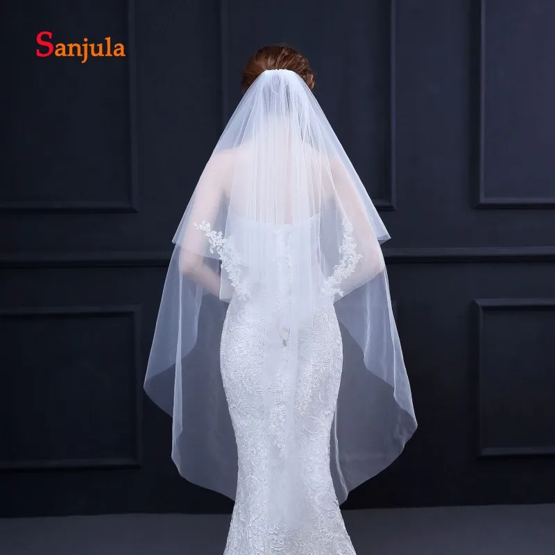 Two-Layer Ivory Wedding Veils with Comb Cut Edge Appliques Graceful Cute Short Veil for Bridal accesorios para bodas V85 | Свадьбы и