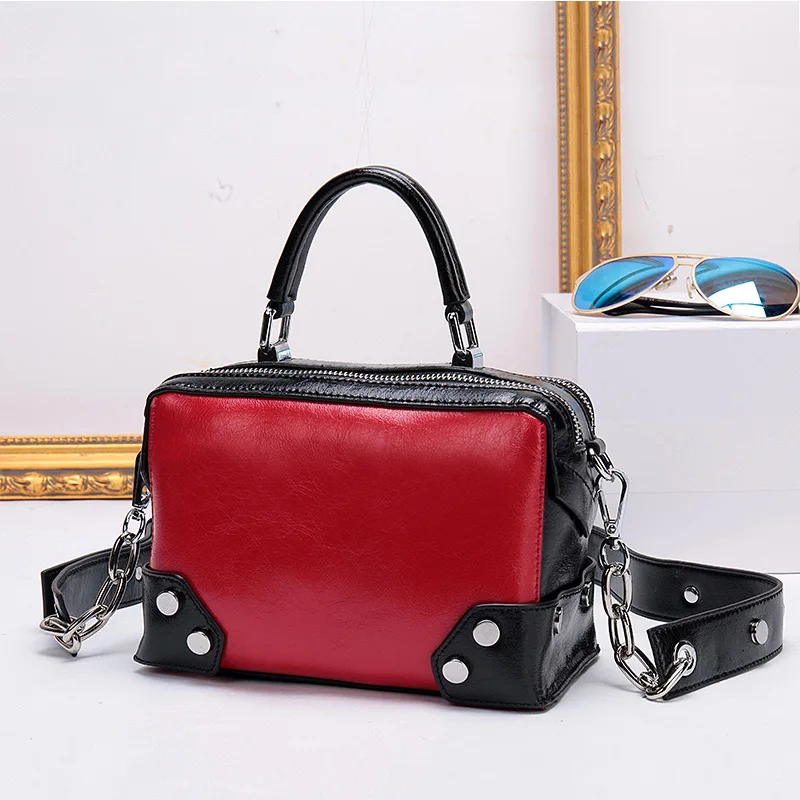 100% натуральная коровья кожа заостренные заклепки цепь сумки контрастные цвета